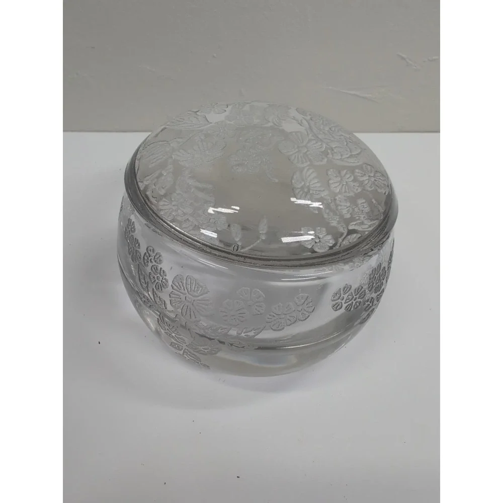 Antique Cut‎ Glass Powder Jar With Lid Etched Flowers Heavy Piece